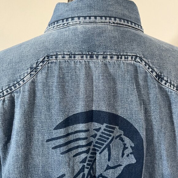 Indian Motorcycles Sz L Chambray denim Logo Printed Button Down Shirt - Picture 7 of 9